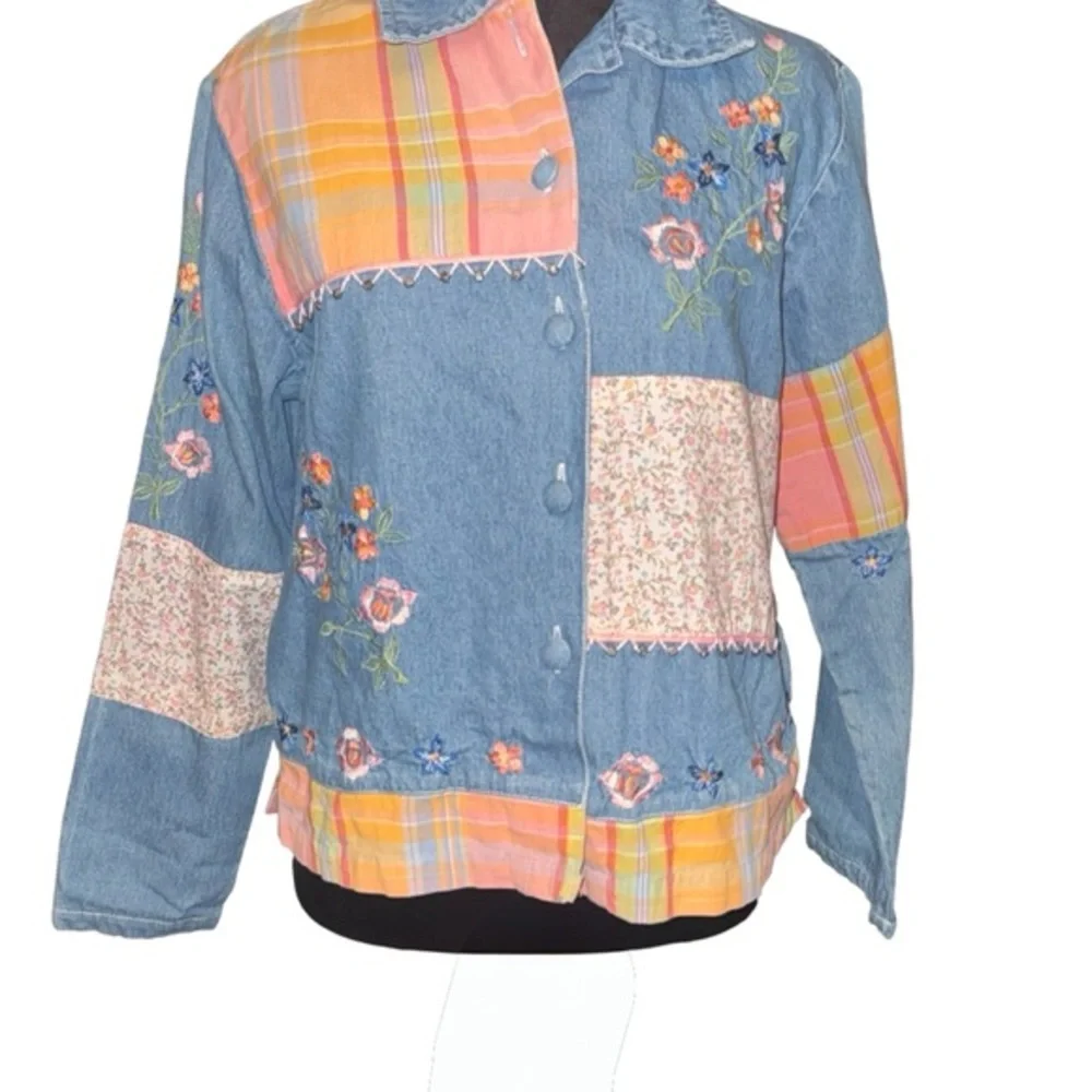 Vtg Bleu Bayou Denim patchwork blazer Embroidered floral‎ art  boho Size small